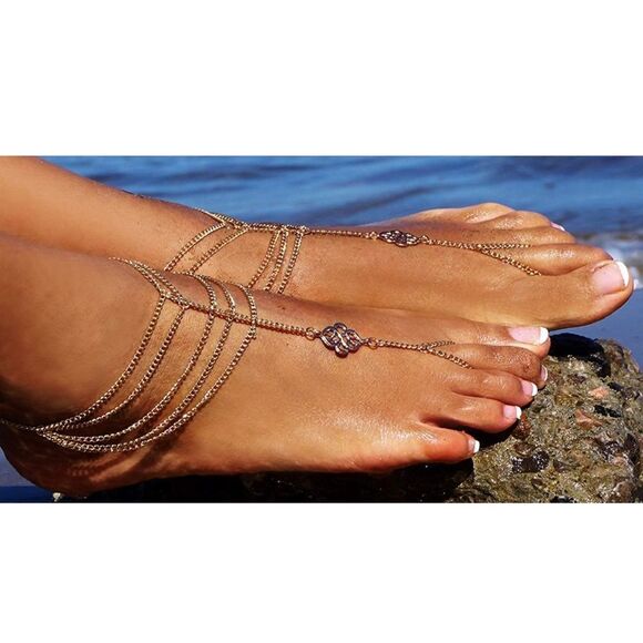 Yellow Gold Celtic Knot Multilayered Adjustable Anklet Foot Chains - Set of 2 - Picture 3 of 6